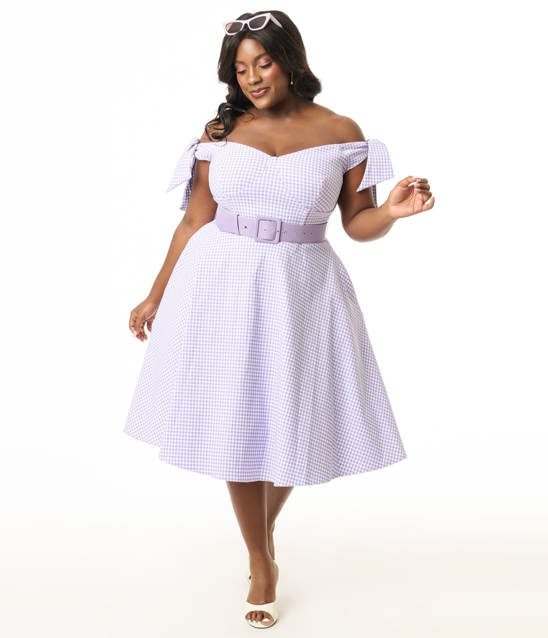 Unique Vintage Plus Size Lavender & White Gingham Off The Shoulder Swing Dress - Unique Vintage - Womens, DRESSES, SWING