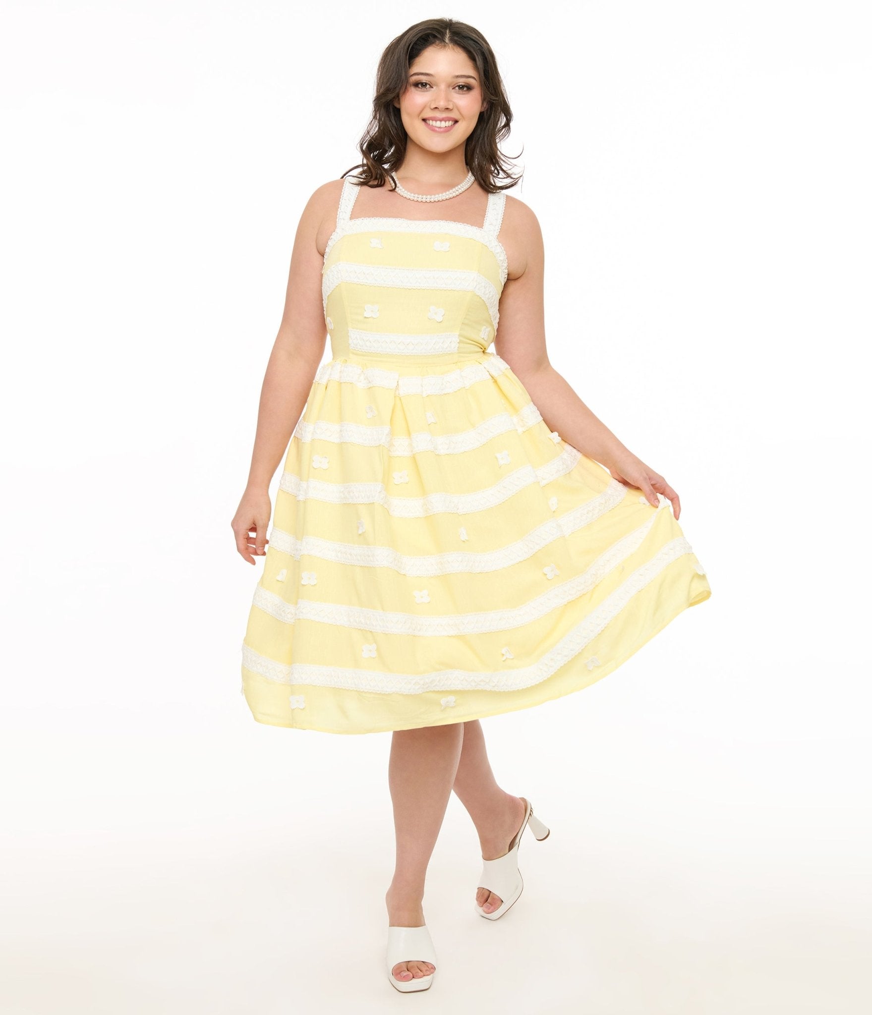 Unique Vintage Plus Size Lemon Merengue & White Lace Sundress - Unique Vintage - Womens, DRESSES, SWING