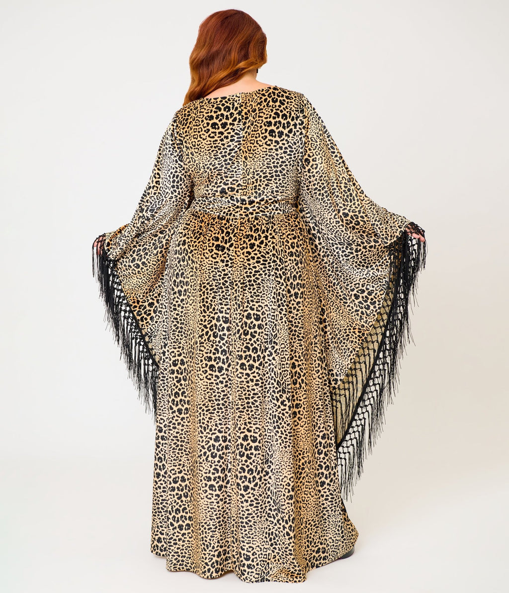 Unique Vintage Plus Size Leopard Print Velvet Fringe Flutter Sleeve Dionne Caftan - Unique Vintage - Womens, DRESSES, MAXI