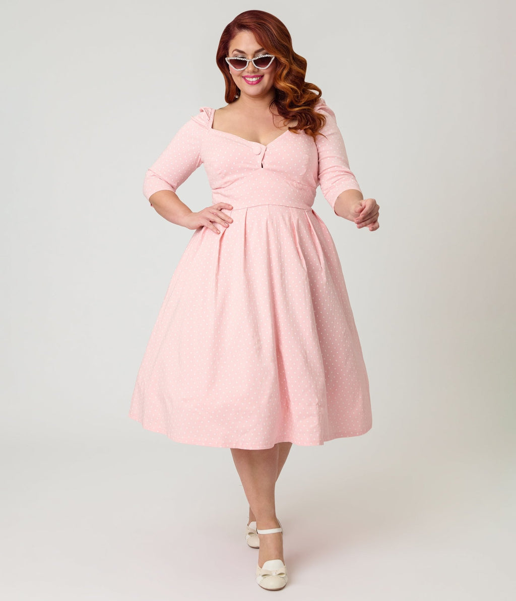 Unique Vintage Plus Size Light Pink Pin Dot Lamar Swing Dress - Unique Vintage - Womens, DRESSES, SWING