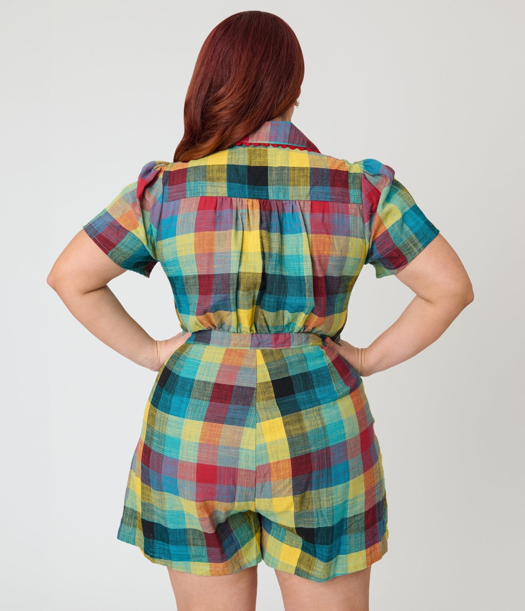 Unique Vintage Plus Size Madras Plaid Button Up Romper - Unique Vintage - Womens, BOTTOMS, ROMPERS AND JUMPSUITS