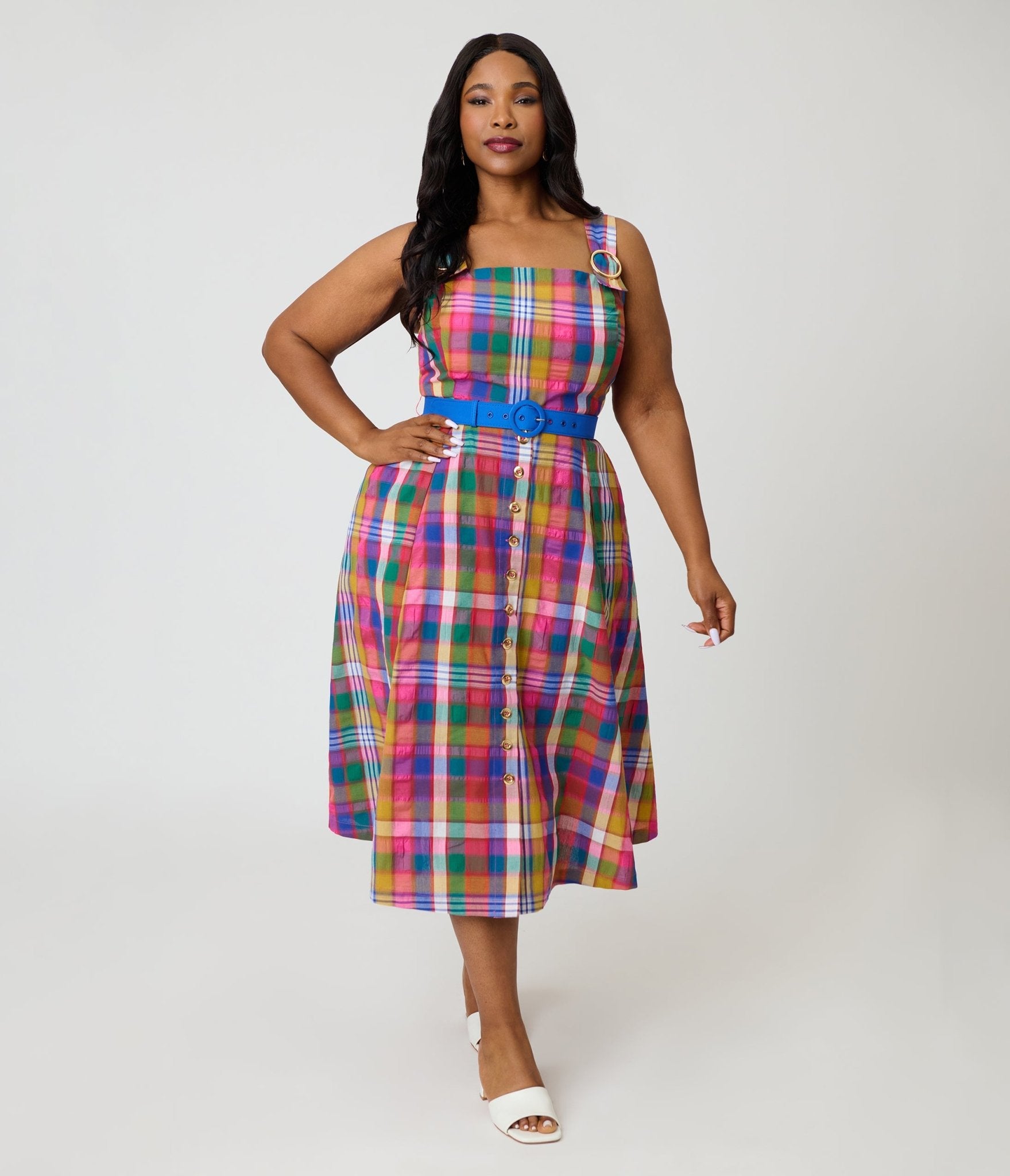 Unique Vintage Plus Size Madras Plaid Picnic Perfect Midi Dress