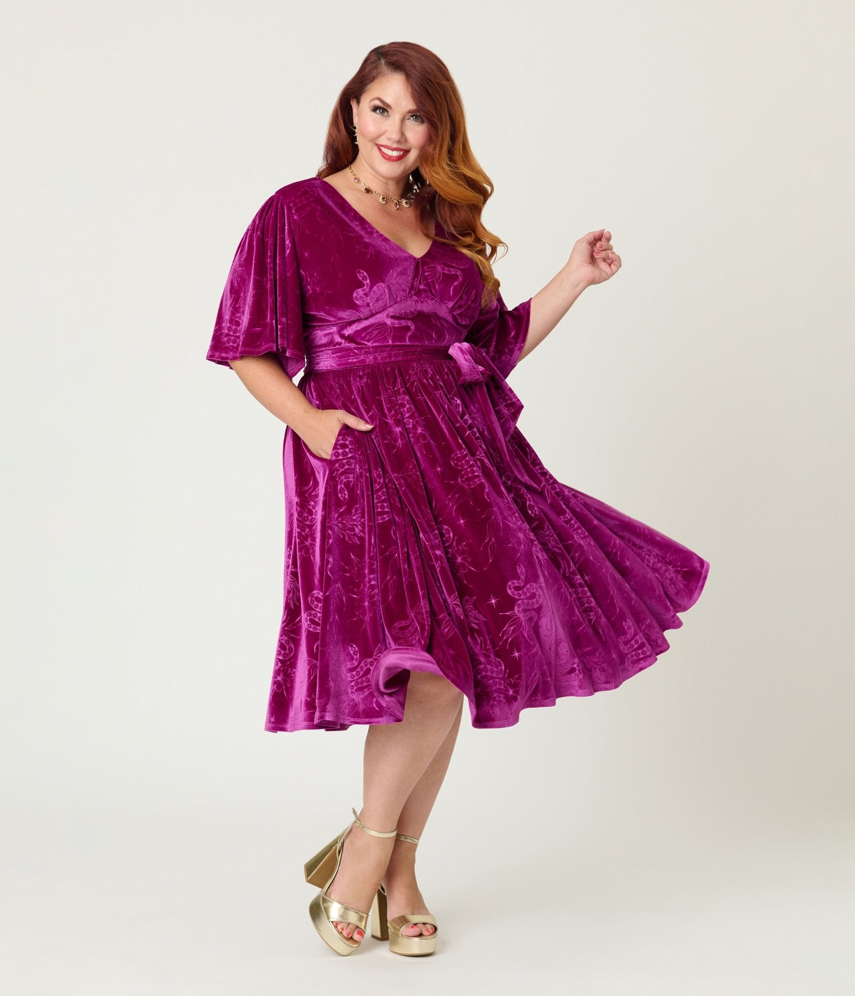 Unique Vintage Plus Size Magenta Velvet Embossed Snake Flutter Sleeve