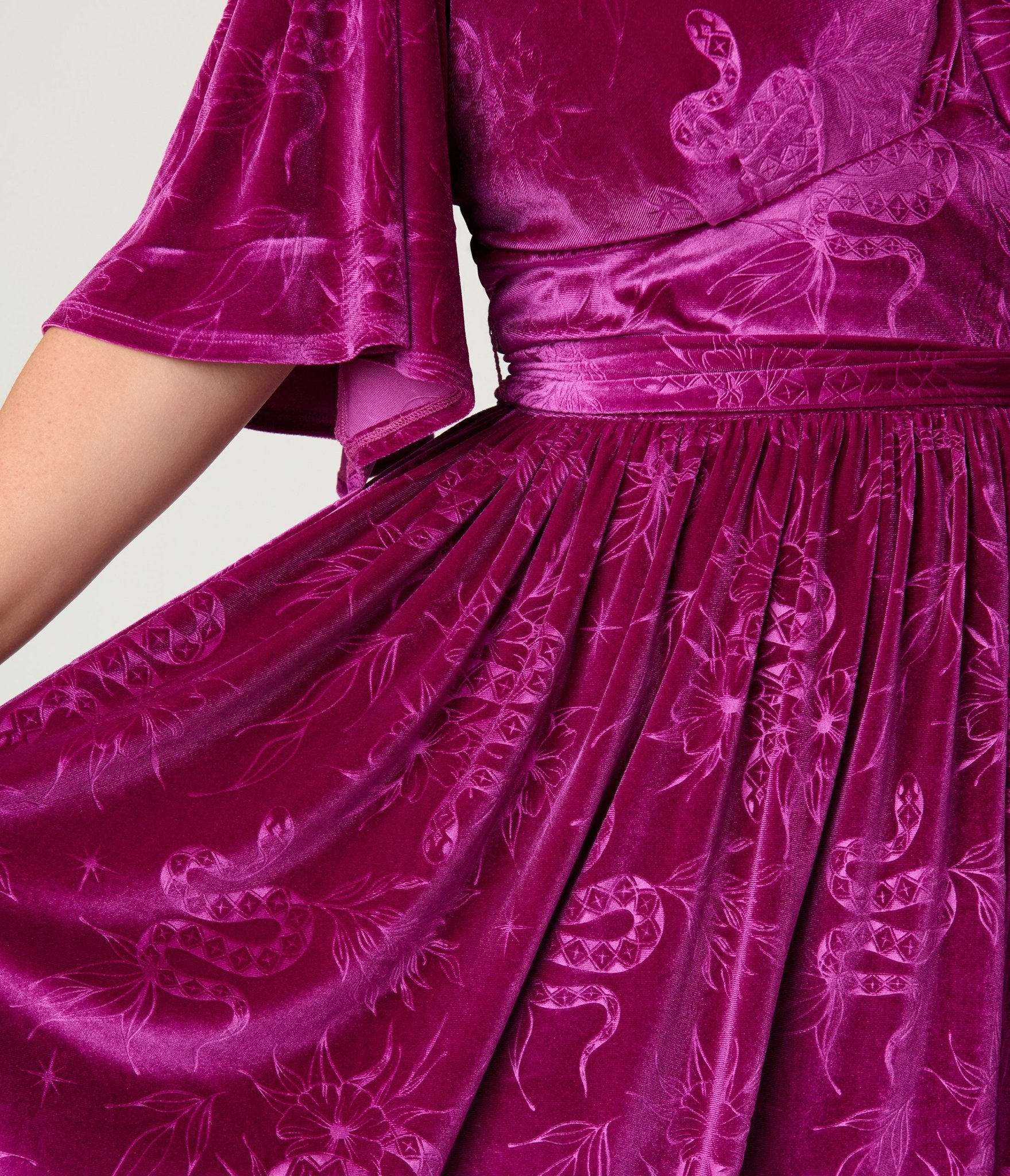 Unique Vintage Plus Size Magenta Velvet Embossed Snake Flutter Sleeve Swing Dress - Unique Vintage - Womens, DRESSES, SWING