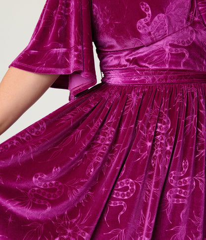 Unique Vintage Plus Size Magenta Velvet Embossed Snake Flutter Sleeve Swing Dress - Unique Vintage - Womens, DRESSES, SWING