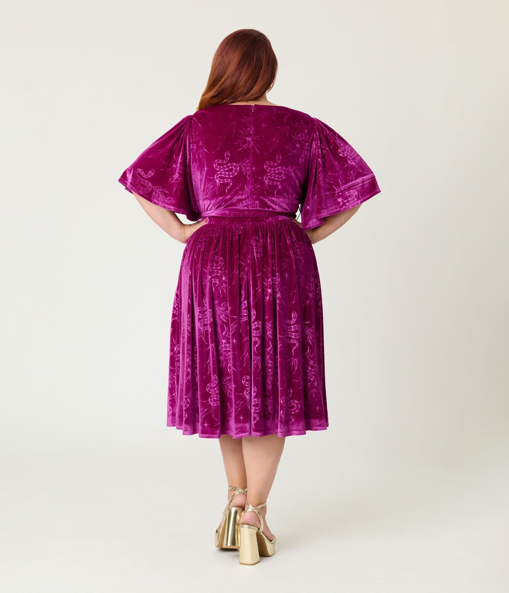 strapless open back dress Unique Vintage Plus Size Magenta Velvet Embossed Snake Flutter Sleeve