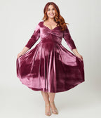 Unique Vintage Plus Size Mauve Velvet Front Twist Swing Dress - Unique Vintage - Womens, DRESSES, SWING