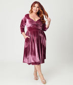 Unique Vintage Plus Size Mauve Velvet Front Twist Swing Dress - Unique Vintage - Womens, DRESSES, SWING