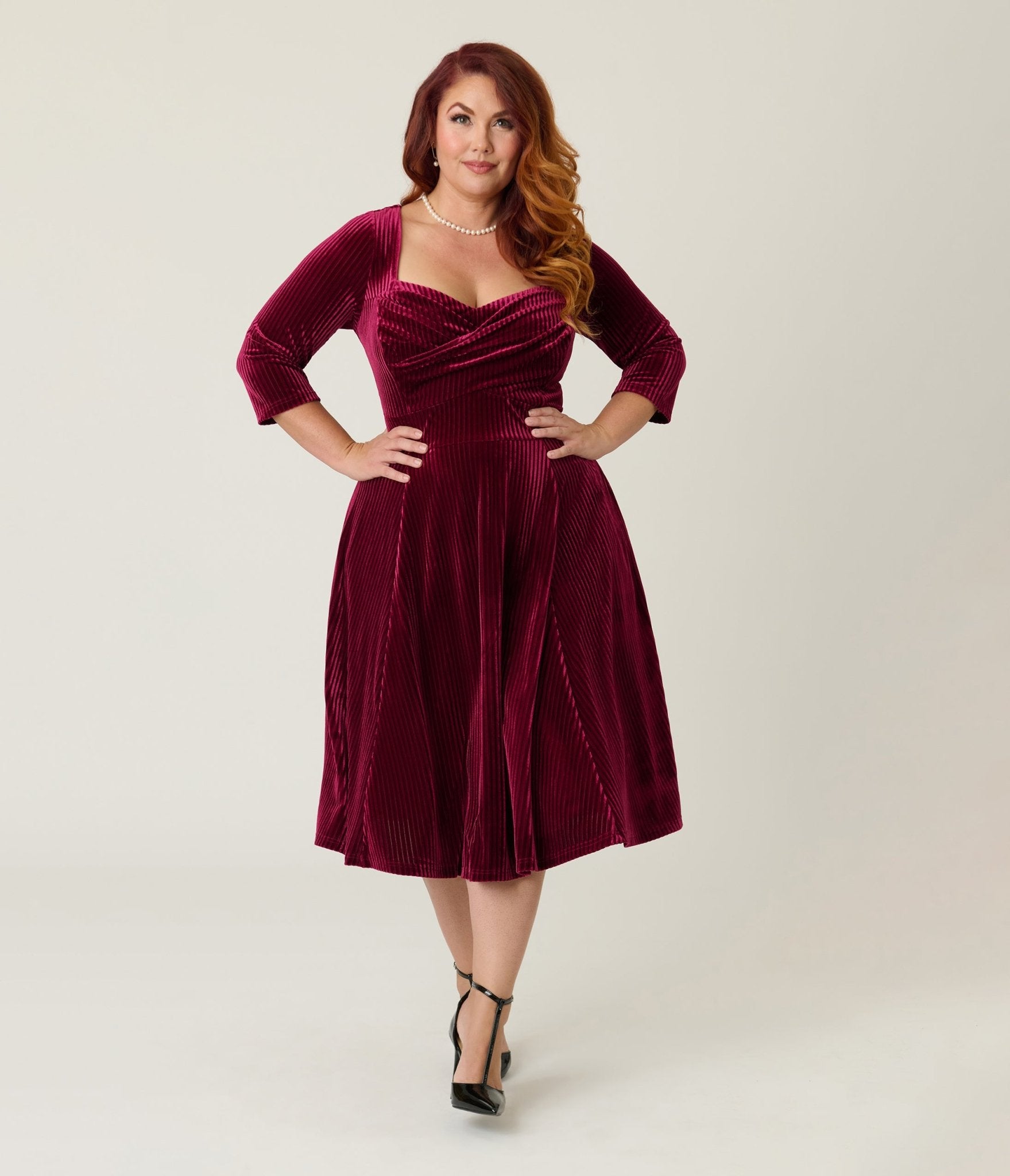 Unique Vintage Plus Size Merlot Striped Velvet Pleated Bust Swing Dres