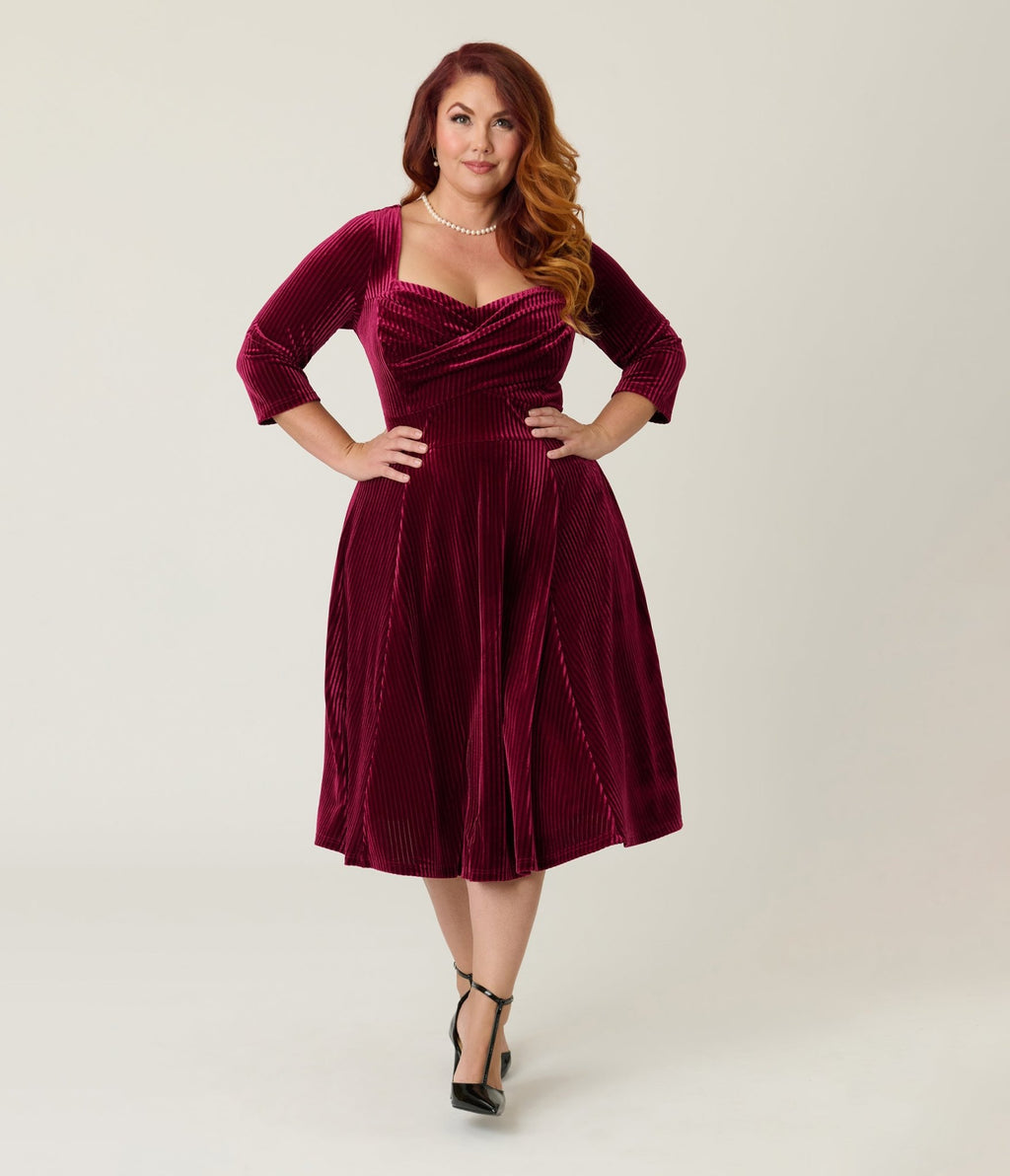 Unique Vintage Plus Size Merlot Striped Velvet Pleated Bust Swing Dress - Unique Vintage - Womens, DRESSES, SWING