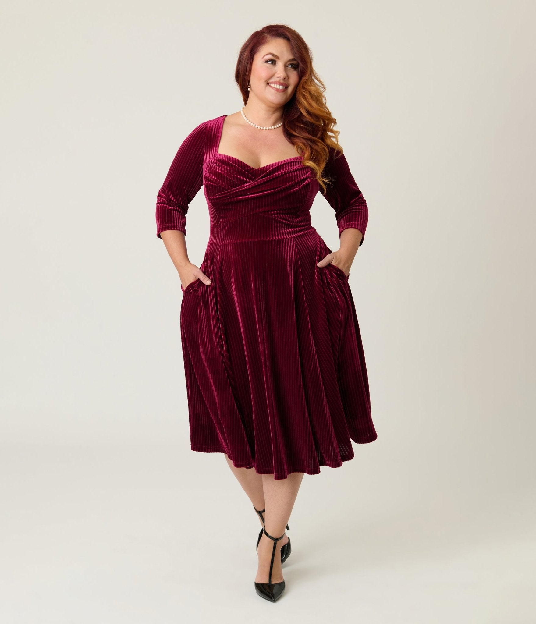 Unique Vintage Plus Size Merlot Striped Velvet Pleated Bust Swing Dres
