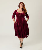 Unique Vintage Plus Size Merlot Striped Velvet Pleated Bust Swing Dress - Unique Vintage - Womens, DRESSES, SWING