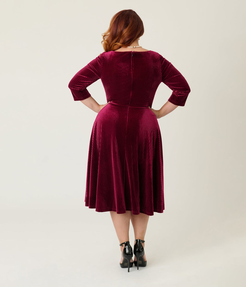Unique Vintage Plus Size Merlot Striped Velvet Pleated Bust Swing Dress - Unique Vintage - Womens, DRESSES, SWING