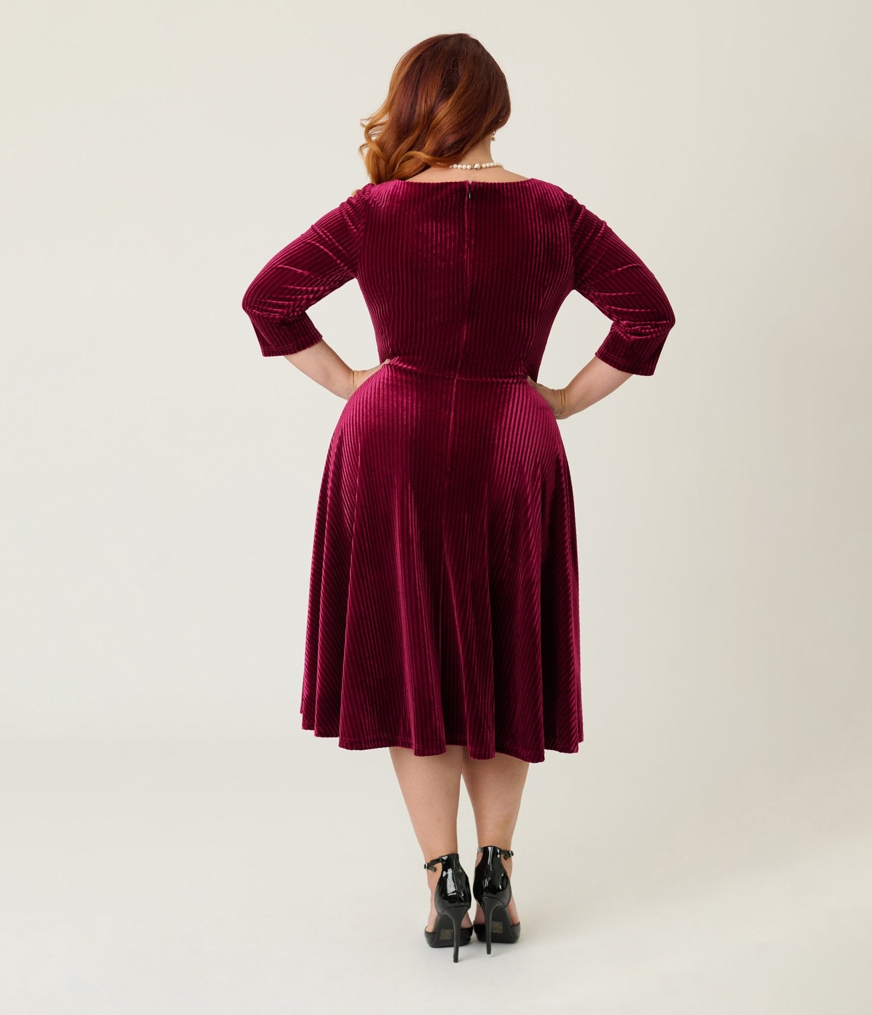 Unique Vintage Plus Size Merlot Striped Velvet Pleated Bust Swing Dres