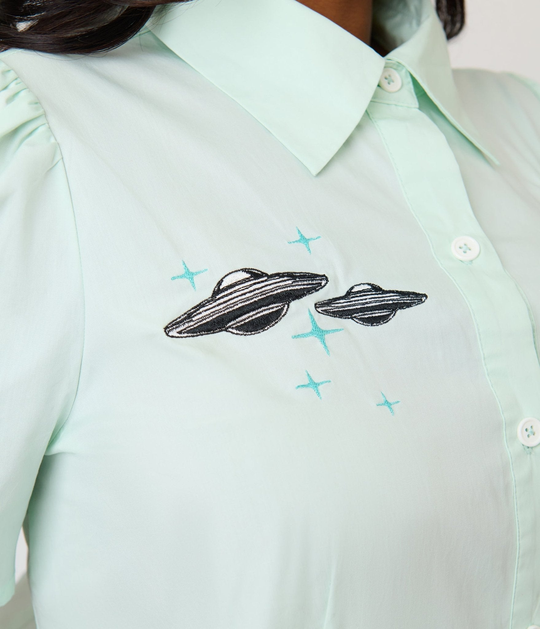 Unique Vintage Plus Size Mint Alien & UFO Collared Blouse - Unique Vintage - Womens, TOPS, WOVEN TOPS