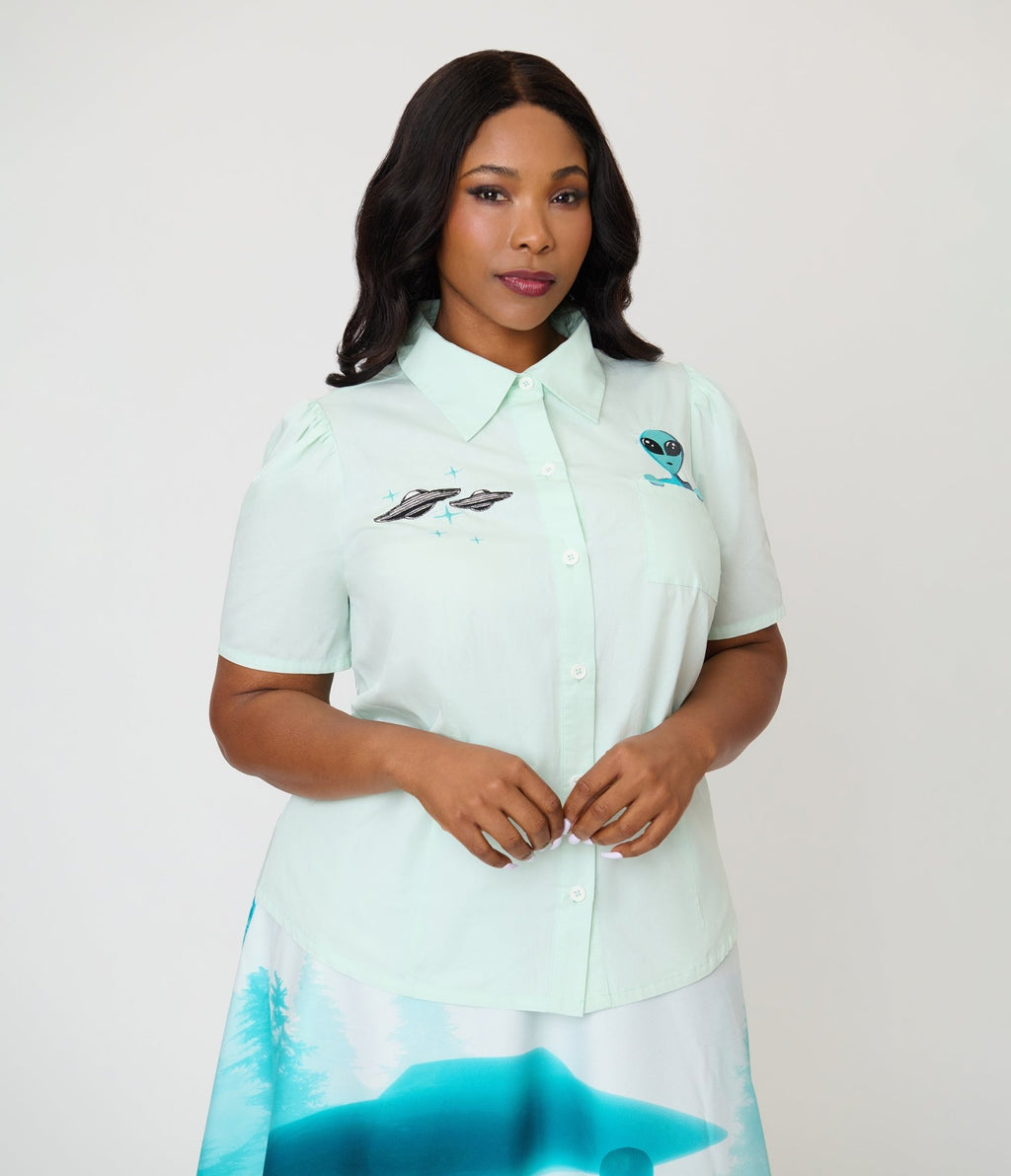 Unique Vintage Plus Size Mint Alien & UFO Collared Blouse - Unique Vintage - Womens, TOPS, WOVEN TOPS