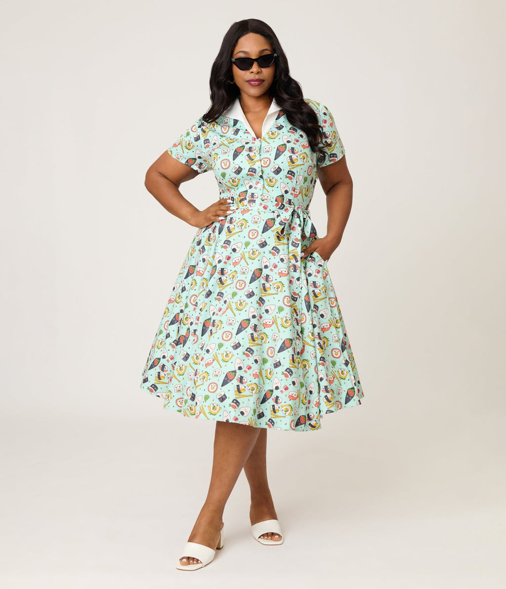 Unique Vintage Plus Size Mint Sushi Print Shirt Dress - Unique Vintage - Womens, DRESSES, SWING