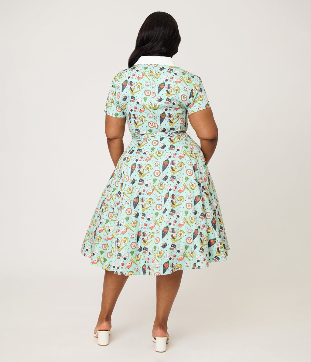 Unique Vintage Plus Size Mint Sushi Print Shirt Dress - Unique Vintage - Womens, DRESSES, SWING