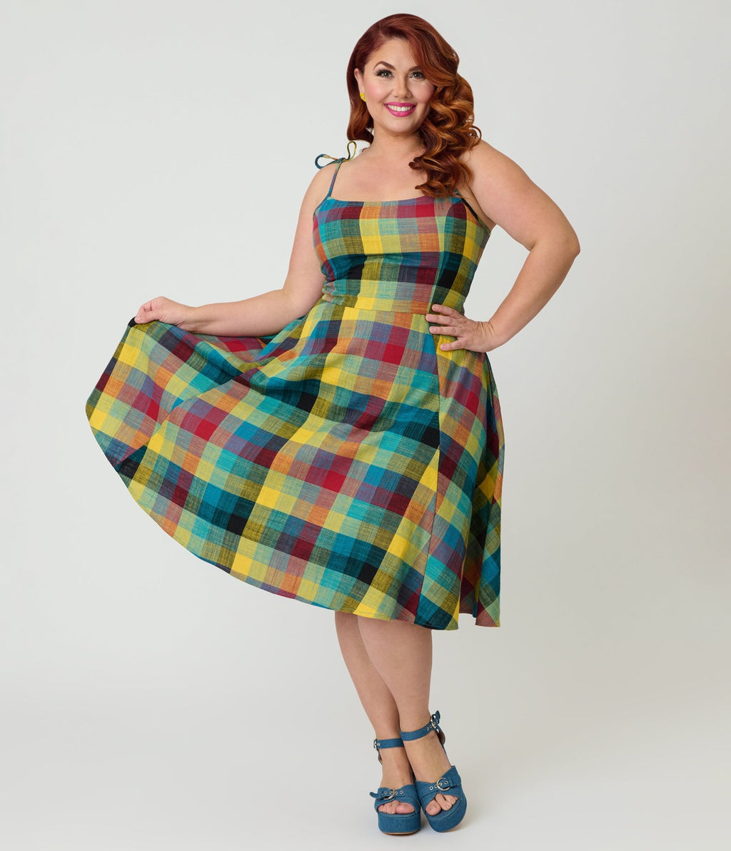Unique Vintage Plus Size Multi Plaid Cotton Bobbie Swing Dress - Unique Vintage - Womens, DRESSES, SWING