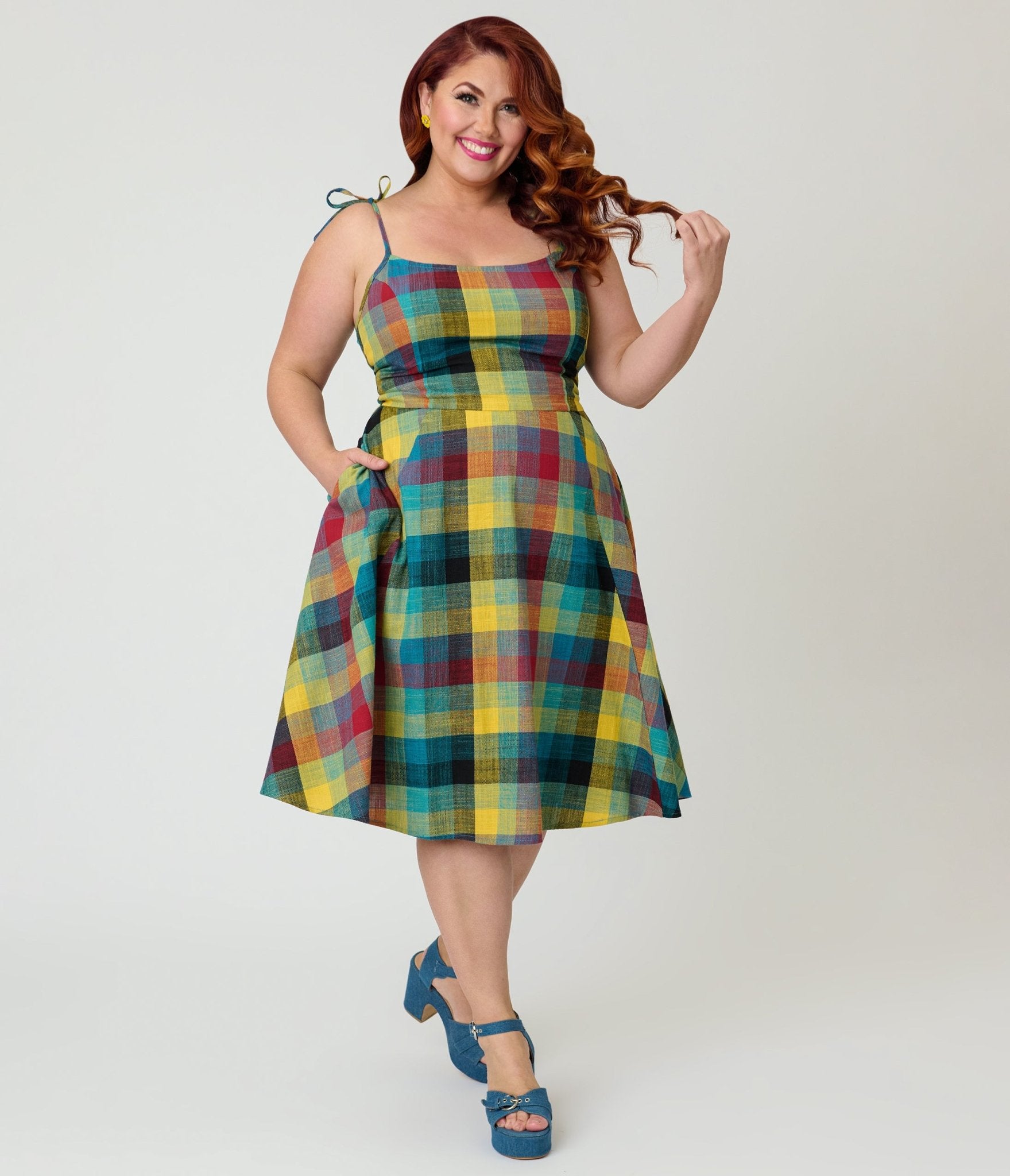 Unique Vintage Plus Size Multi Plaid Cotton Bobbie Swing Dress