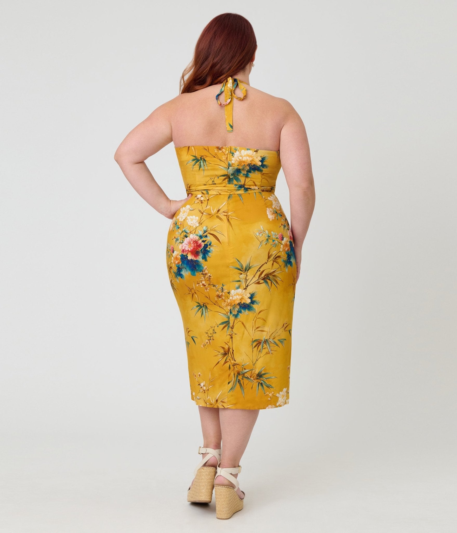Unique Vintage Plus Size Mustard Floral Leilani Sarong Dress Unique Vintage Plus Size Mustard Floral Leilani Sarong Dress