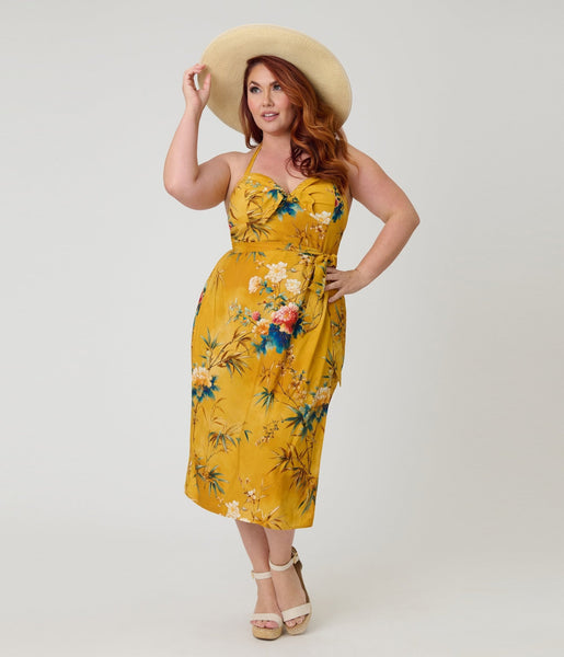 mustard yellow sun dress Unique Vintage Plus Size Mustard Floral Leilani Sarong Dress