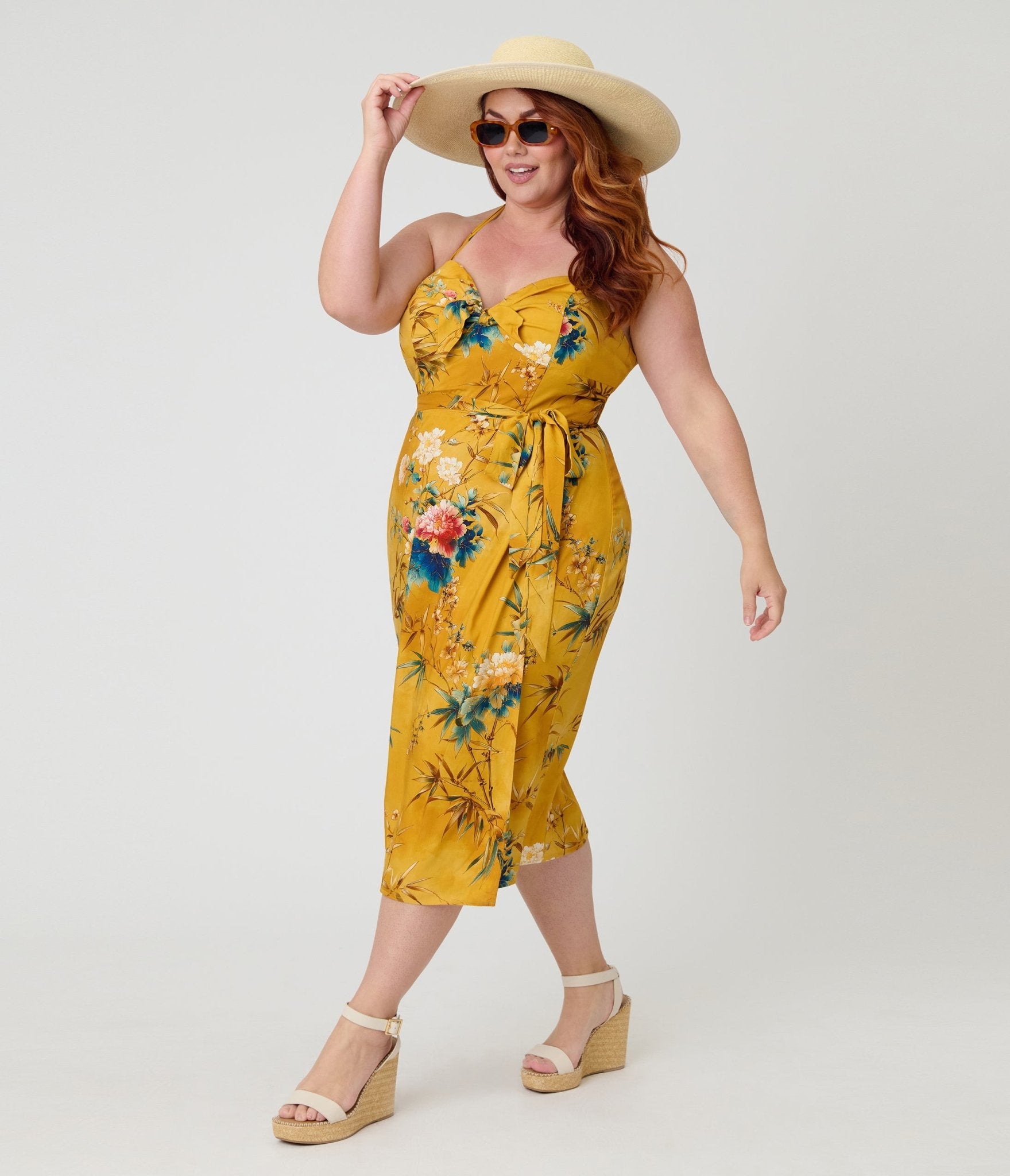 Unique Vintage Plus Size Mustard Floral Leilani Sarong Dress Unique Vintage Plus Size Mustard Floral Leilani Sarong Dress