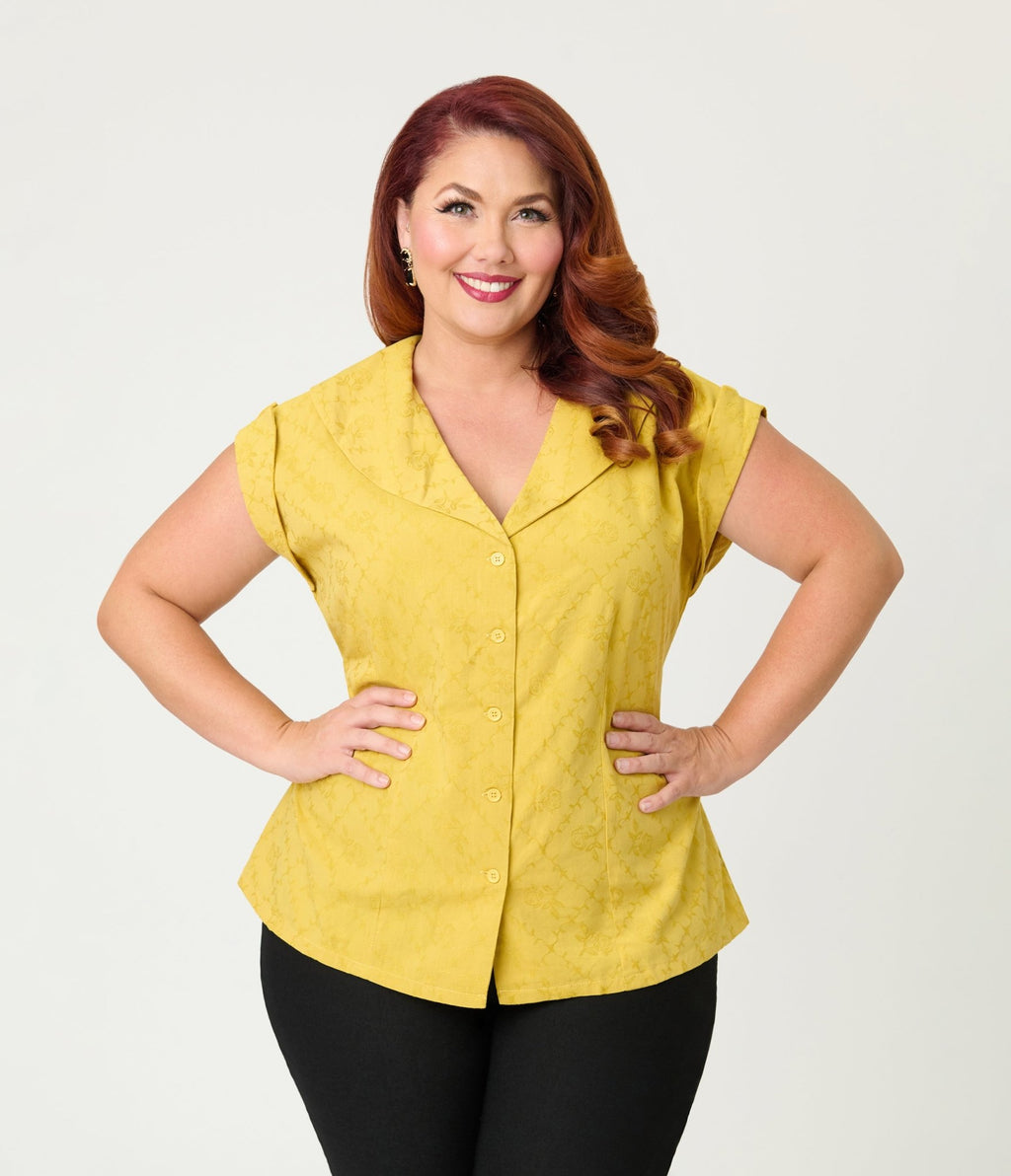 Unique Vintage Plus Size Mustard Jacquard Sleeveless Blouse - Unique Vintage - Womens, TOPS, WOVEN TOPS