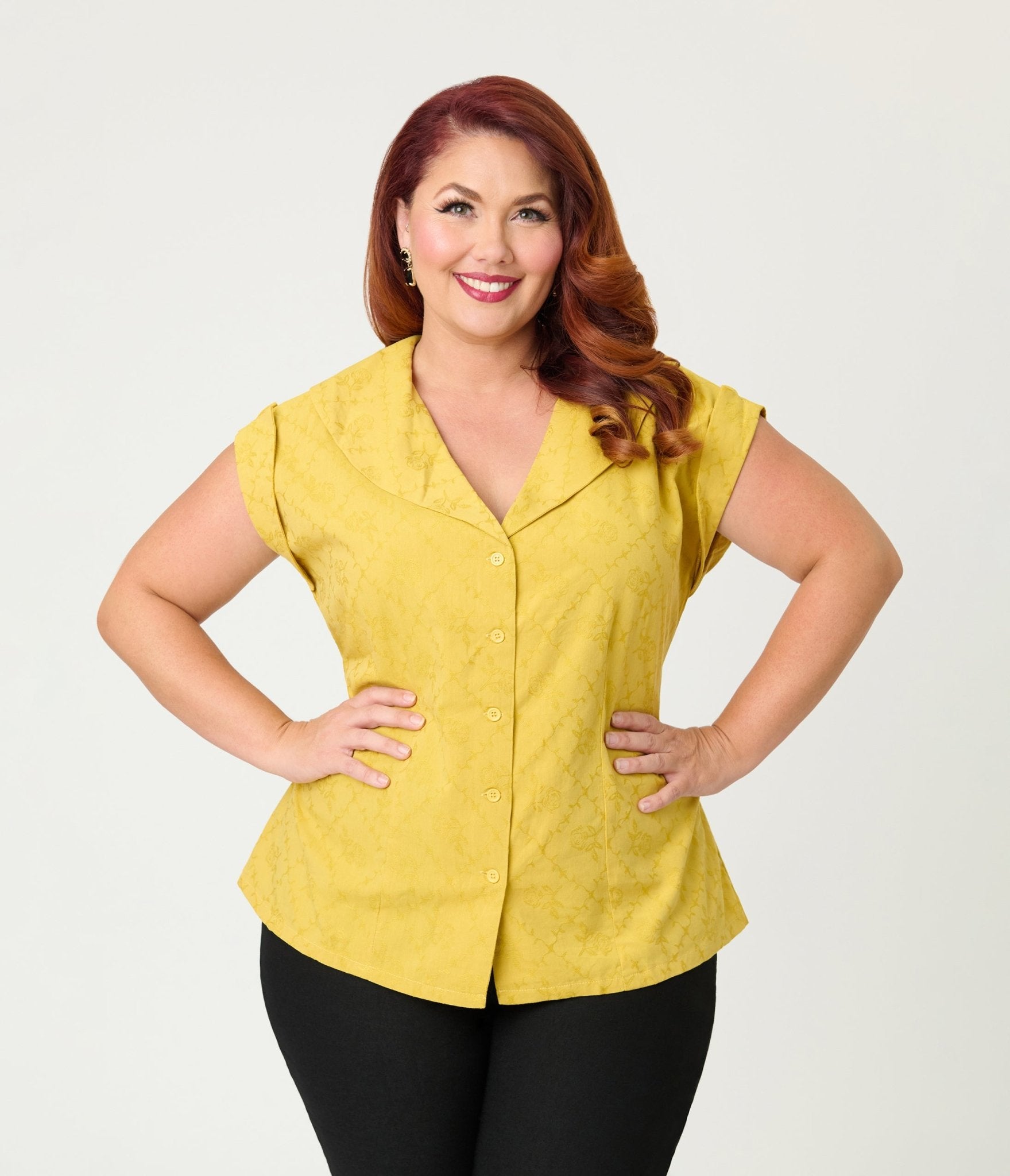 Unique Vintage Plus Size Mustard Jacquard Sleeveless Blouse - Unique Vintage - Womens, TOPS, WOVEN TOPS
