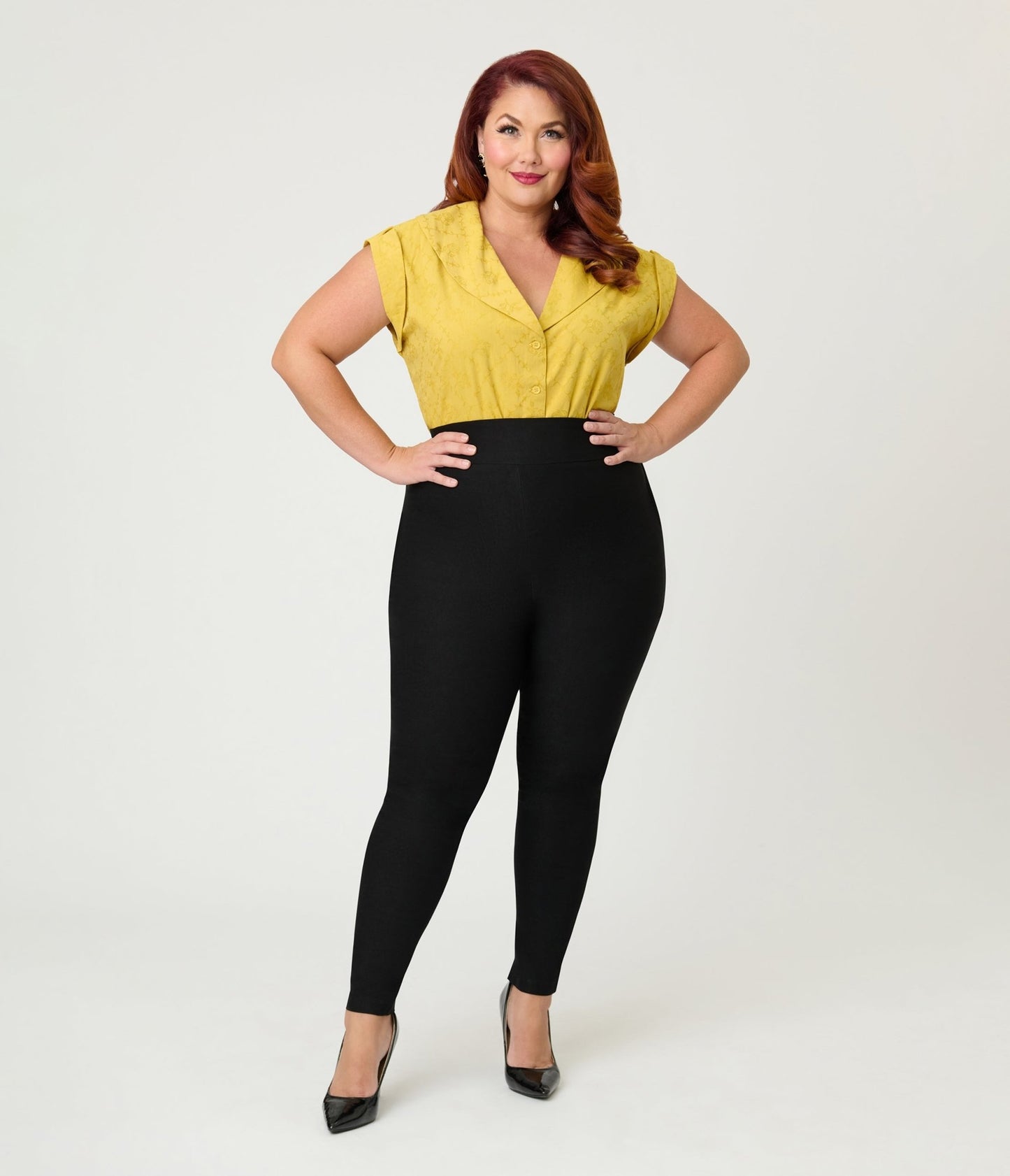 Unique Vintage Plus Size Mustard Jacquard Sleeveless Blouse - Unique Vintage - Womens, TOPS, WOVEN TOPS