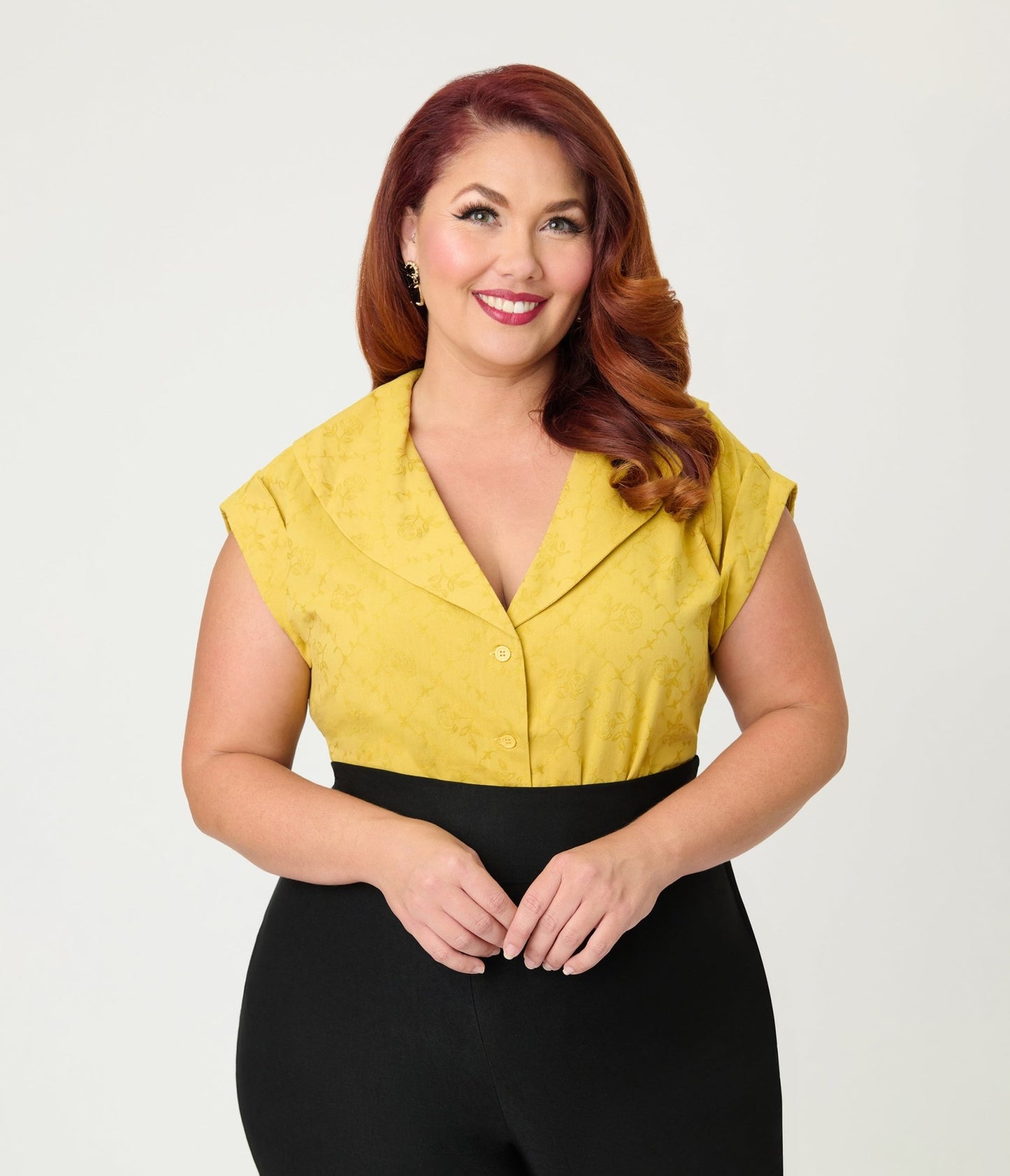 Unique Vintage Plus Size Mustard Jacquard Sleeveless Blouse - Unique Vintage - Womens, TOPS, WOVEN TOPS