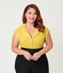 Unique Vintage Plus Size Mustard Jacquard Sleeveless Blouse
