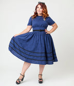 Unique Vintage Plus Size Navy & Black Peacock Cotton Swing Dress - Unique Vintage - Womens, DRESSES, SWING