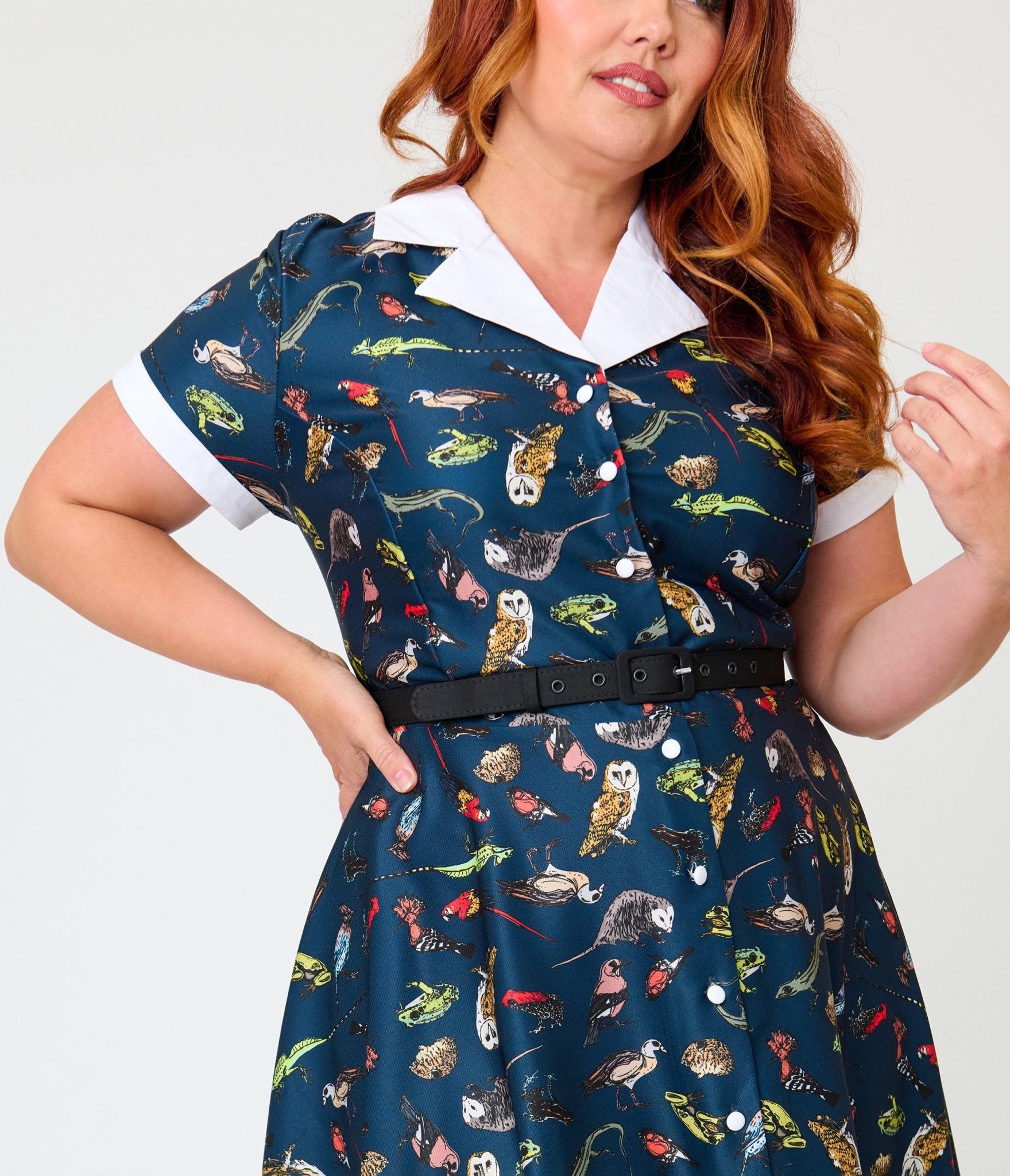 Unique Vintage Plus Size Navy Creatures Print Alexis Swing Dress