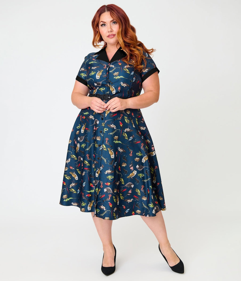 Unique Vintage Plus Size Navy Creatures Print Alexis Swing Dress - Unique Vintage - Womens, DRESSES, SWING