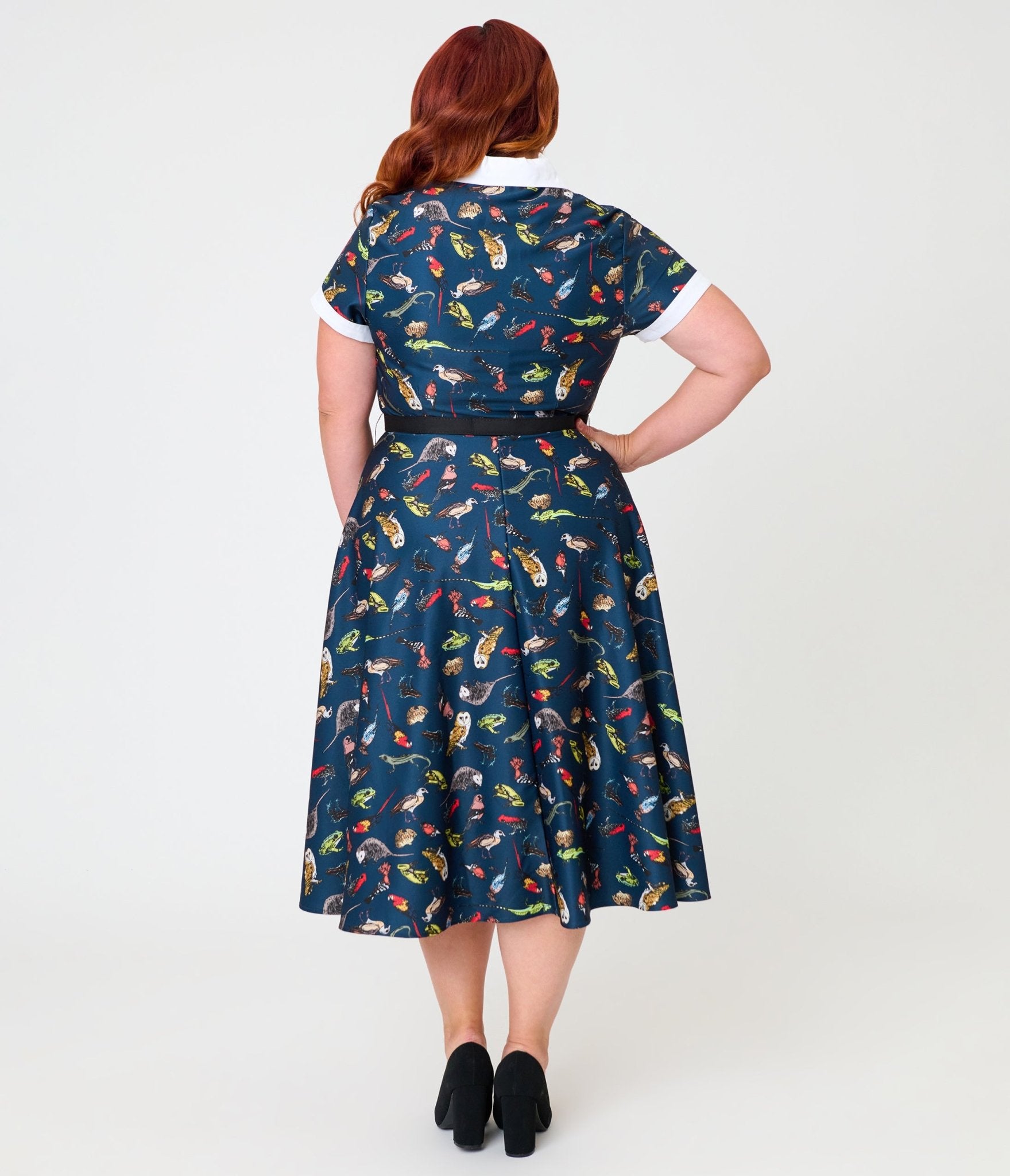 Unique Vintage Plus Size Navy Creatures Print Alexis Swing Dress