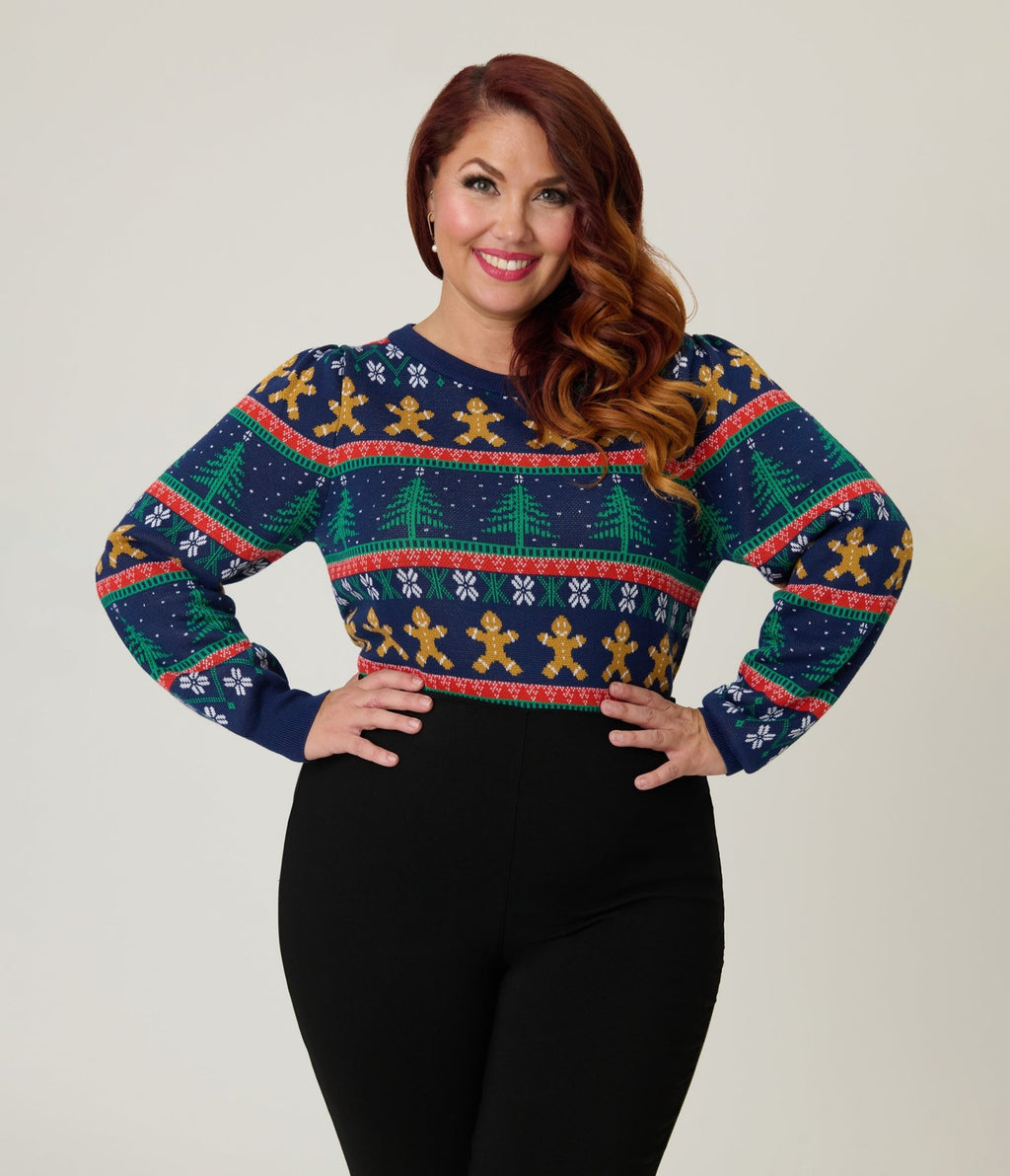 Unique Vintage Plus Size Navy & Gingerbread Men Fair Isle Sweater - Unique Vintage - Womens, TOPS, SWEATERS