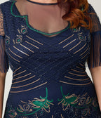 Unique Vintage Plus Size Navy & Green Peacock Beaded Nadine Fringe Flapper Dress - Unique Vintage - Womens, FLAPPER, SLEEVED BEADED