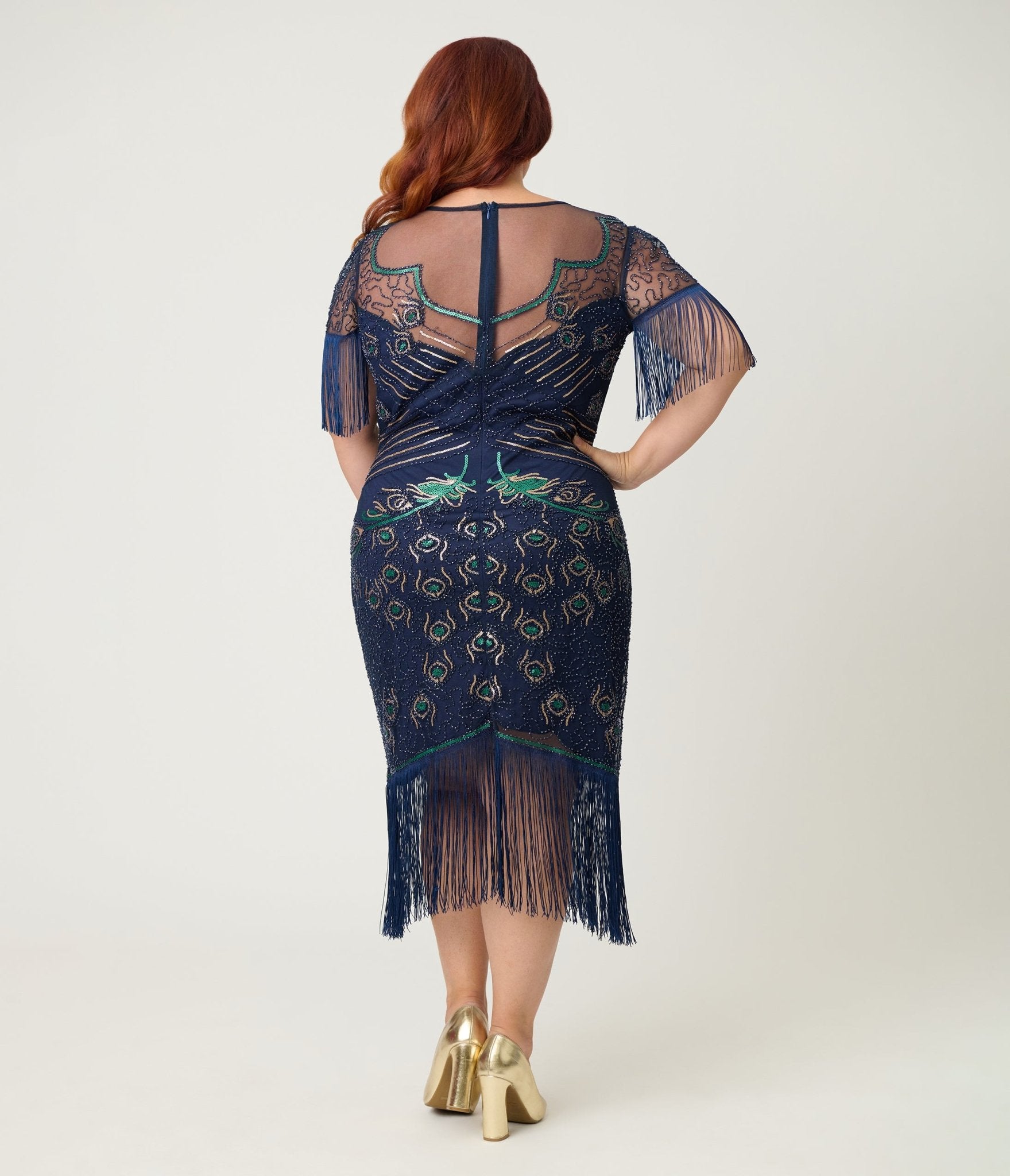 Unique Vintage Plus Size Navy & Green Peacock Beaded Nadine Fringe Flapper Dress - Unique Vintage - Womens, FLAPPER, SLEEVED BEADED