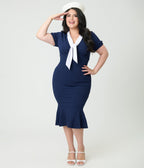 Unique Vintage Plus Size Navy Holloway Wiggle Dress - Unique Vintage - Womens, DRESSES, WIGGLE