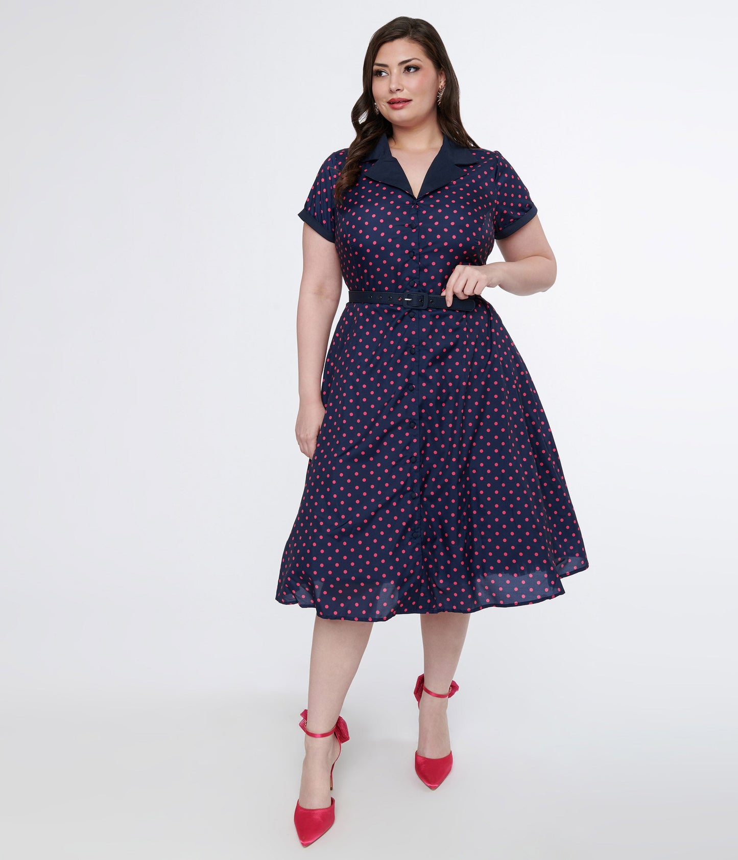 Unique Vintage Plus Size Navy & Hot Pink Dot Alexis Swing Dress - Unique Vintage - Womens, DRESSES, SWING