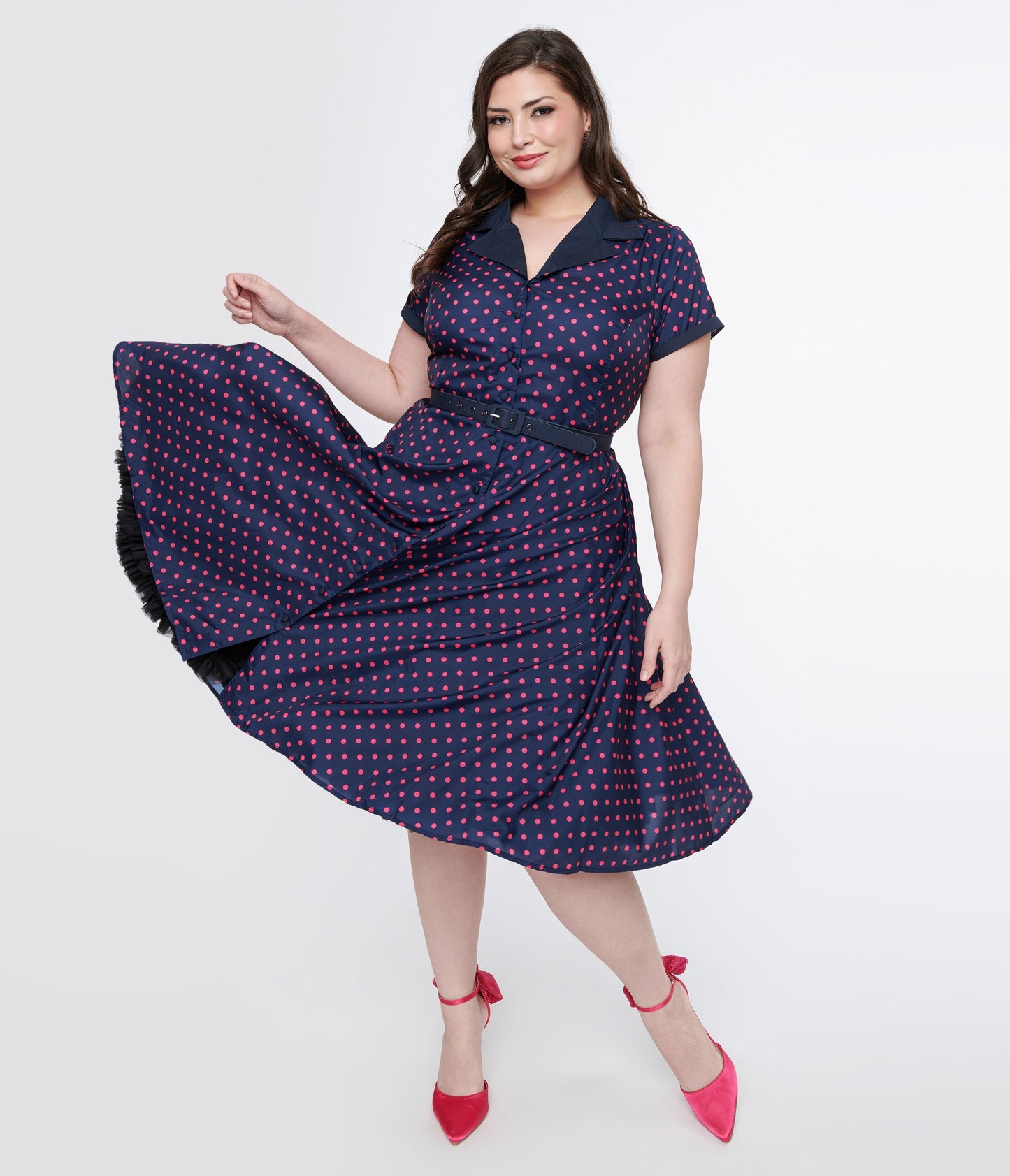 Unique Vintage Plus Size Navy & Hot Pink Dot Alexis Swing Dress - Unique Vintage - Womens, DRESSES, SWING