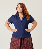 Unique Vintage Plus Size Navy Jacquard Notched Collar Cotton Blouse - Unique Vintage - Womens, TOPS, WOVEN TOPS