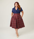 Unique Vintage Plus Size Navy Jacquard Notched Collar Cotton Blouse - Unique Vintage - Womens, TOPS, WOVEN TOPS