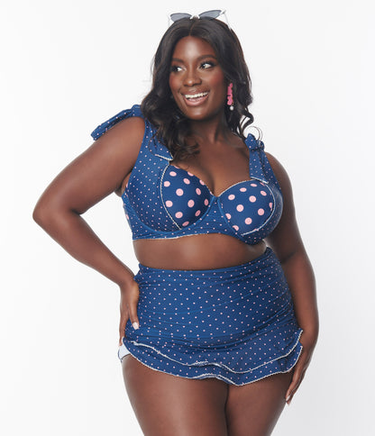 Unique Vintage Plus Size Navy & Pink Pin Dot Alice Swim Skirt - Unique Vintage - Womens, SWIM, BOTTOM