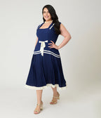 Unique Vintage Plus Size Navy Pleated Flapper Day Dress - Unique Vintage - Womens, FLAPPER, DRESSES