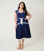 Unique Vintage Plus Size Navy Pleated Flapper Day Dress - Unique Vintage - Womens, FLAPPER, DRESSES
