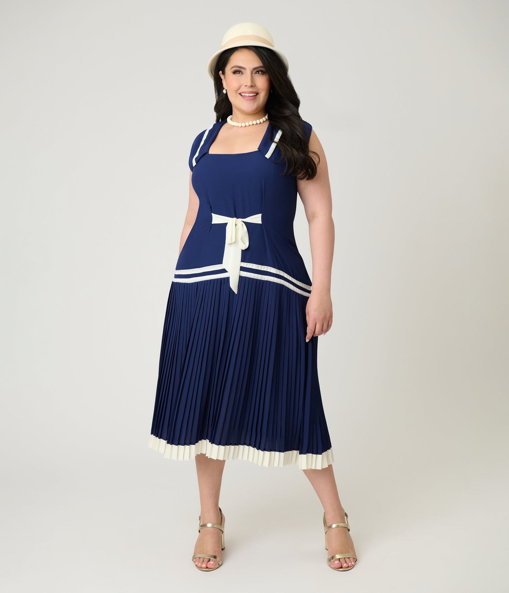 Unique Vintage Plus Size Navy Pleated Flapper Day Dress - Unique Vintage - Womens, FLAPPER, DRESSES