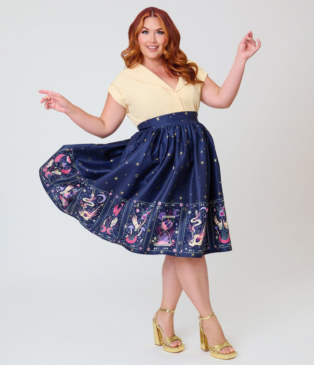 Unique Vintage Plus Size Navy Tarot Gellar Swing Skirt - Unique Vintage - Womens, BOTTOMS, SKIRTS