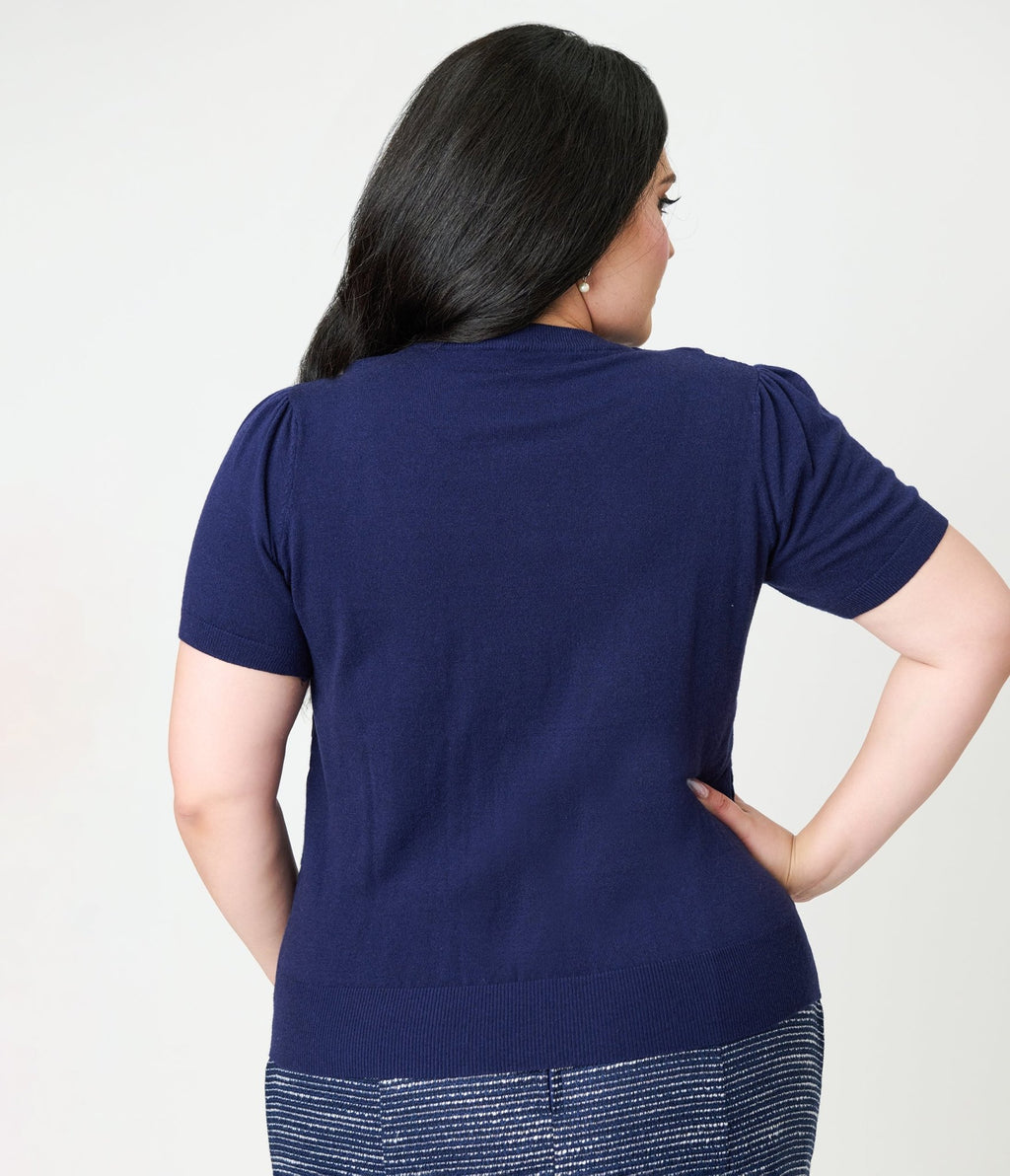 Unique Vintage Plus Size Navy & White Cable Knit Neck Tie Park City Sweater - Unique Vintage - Womens, TOPS, SWEATERS